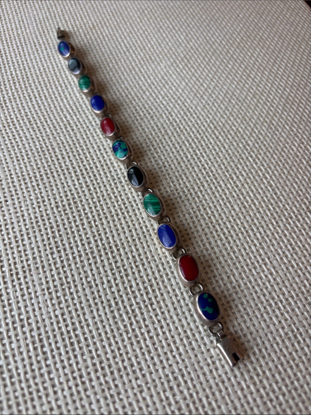 Vintage Mexican Multi-Stone 925 Sterling-Silver 7.5 Inch Bracelet